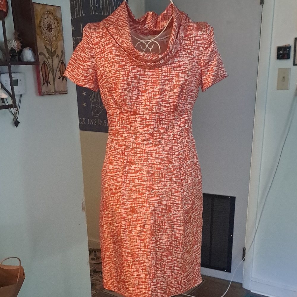 Banana Republic Silk Textured Print Orange Midi Dress, Sz 2